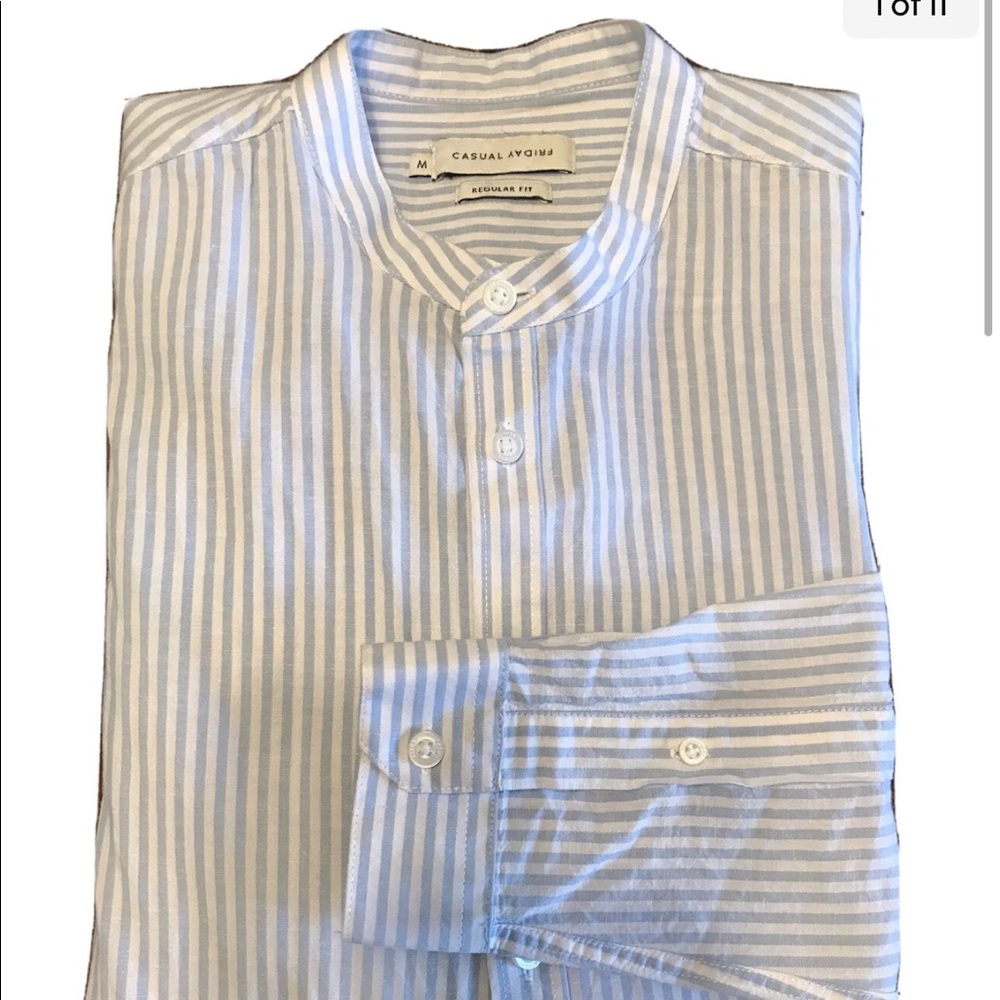 Casual Friday Men’s Mandarin stand  Button Down Shirt Blue White Stripe M